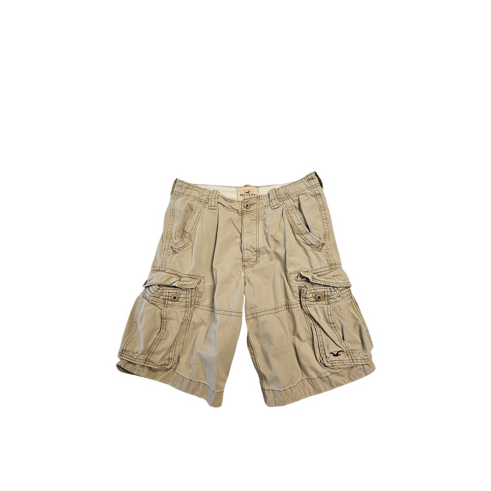 Hollister Mens Cargo Shorts Khaki Tan Size 32 Utility Pockets Distressed Logo